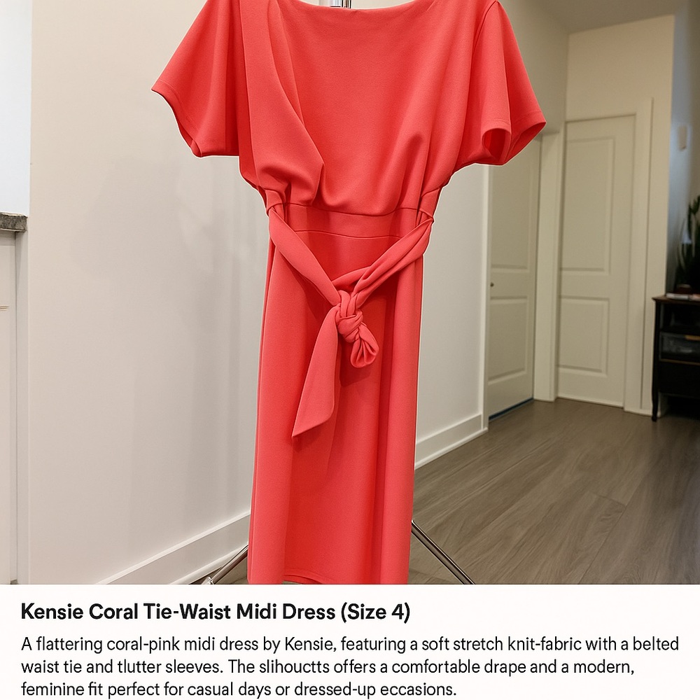 Kensie Coral Tie-Waist Midi Dress